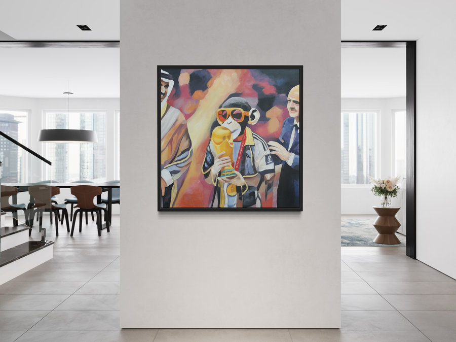 Een schilderij met een aap