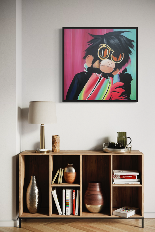 Een schilderij met een aap