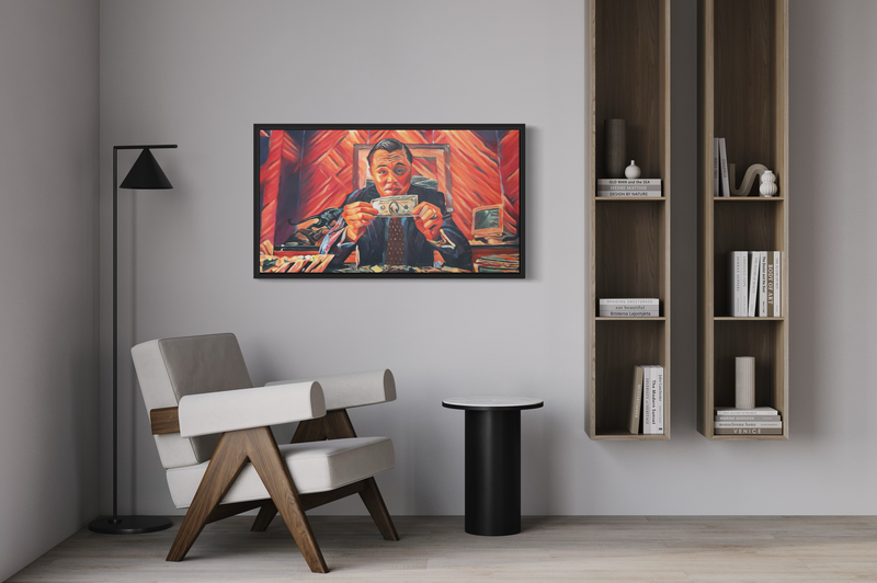 Een schilderij van Leo als the Wolf of Wall Street.