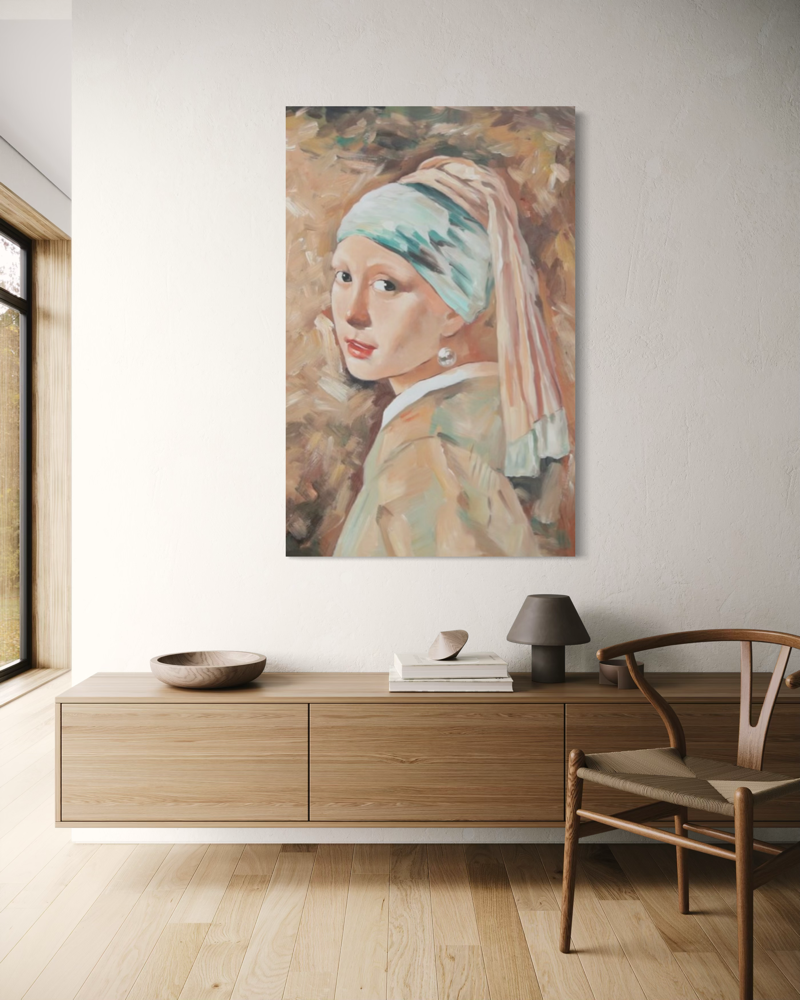 Een schilderij geïnspireerd door Johannes Vermeers beroemde schilderij.