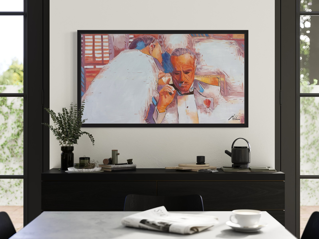 Een schilderij met een scène uit The Godfather