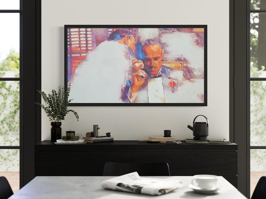 Een schilderij met een scène uit The Godfather