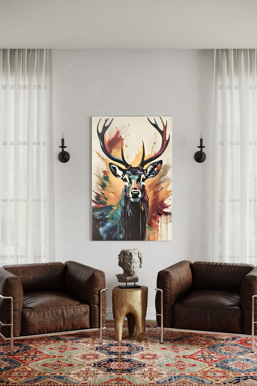 Een schilderij in aangename kleurtinten met een groot edelhert.