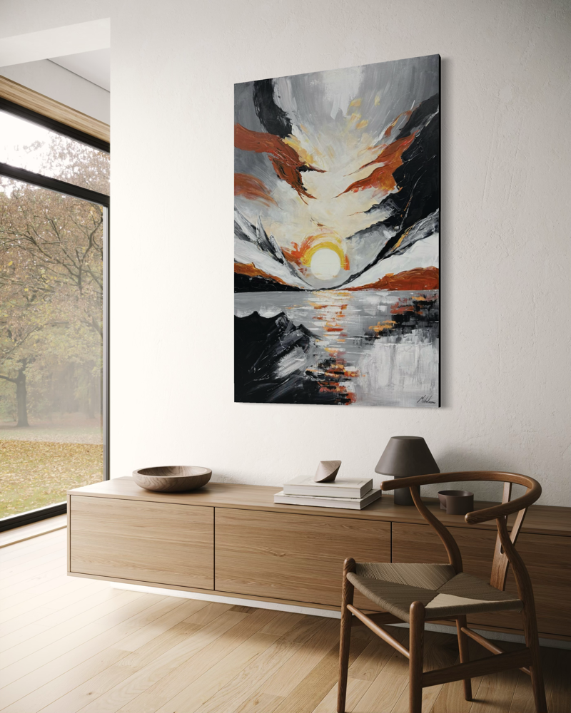 Een abstract schilderij in aardse tinten, geïnspireerd door het warme licht en de rustige sfeer van een zonsondergang.