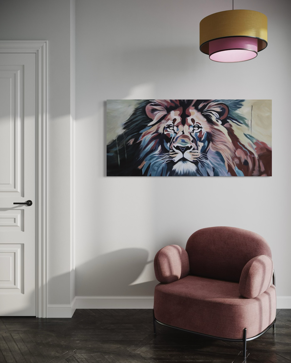 Een schilderij met een leeuw