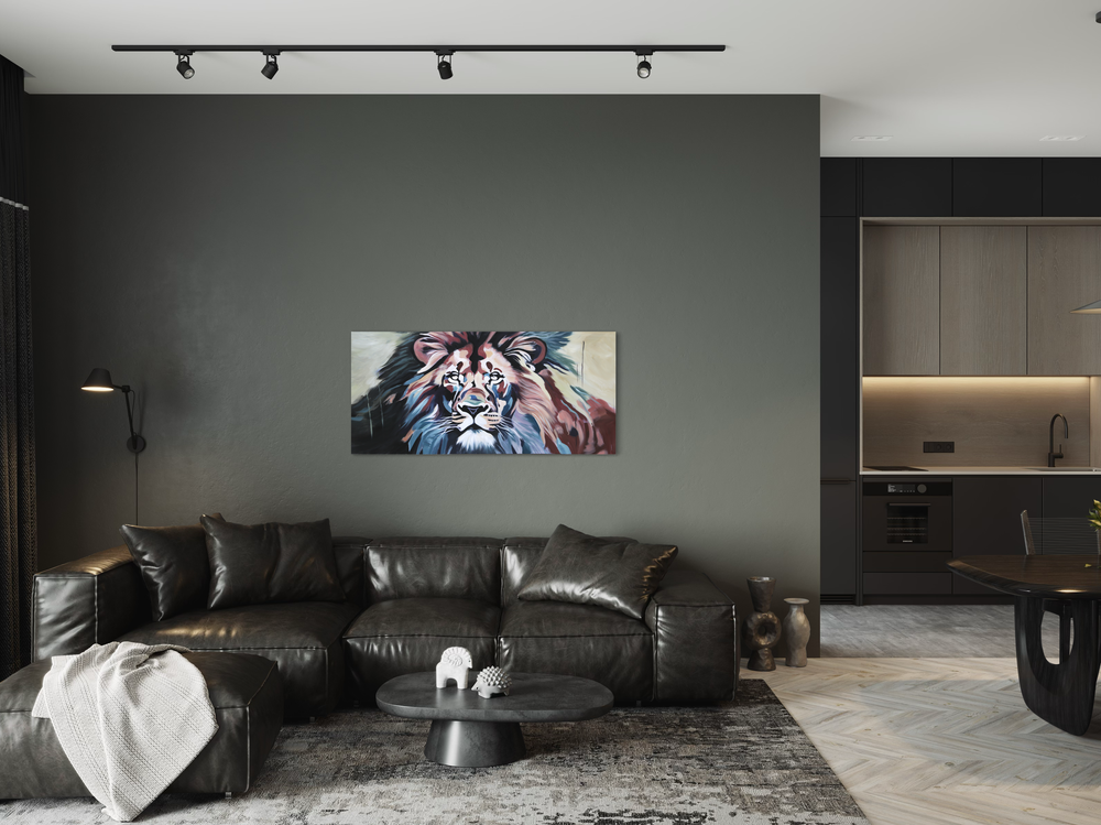 Een schilderij met een leeuw