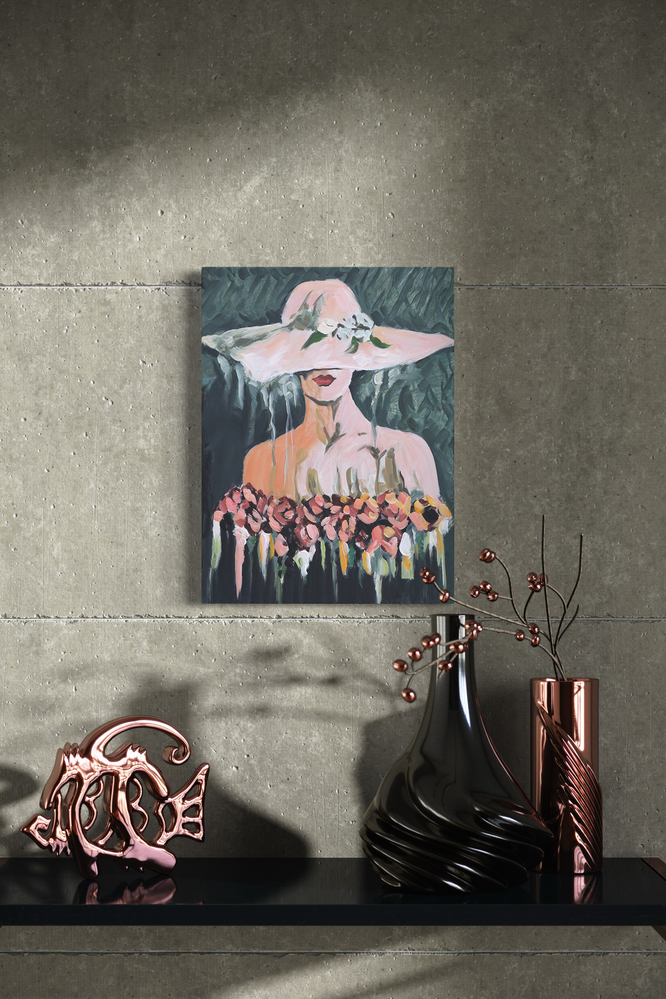 Een prachtig schilderij van een vrouw en haar rozen.