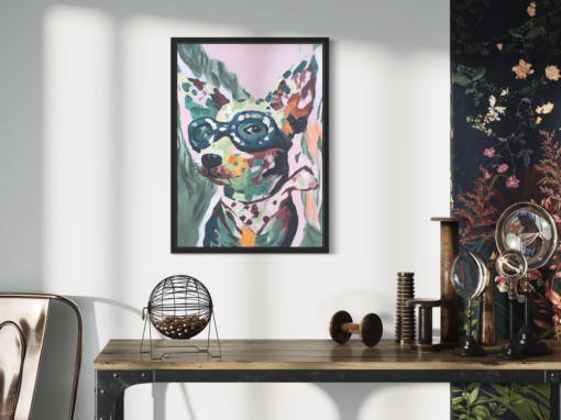 Een schilderij met een hond