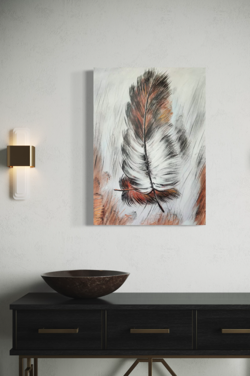Een schilderij met een veer