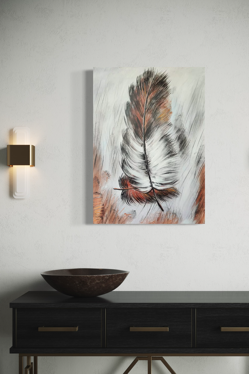 Een schilderij met een veer