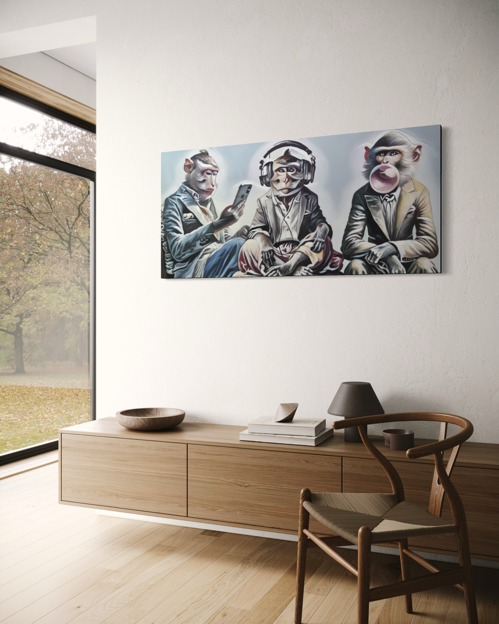 Een schilderij met drie apen