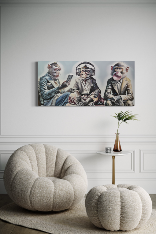 Een schilderij van drie apen