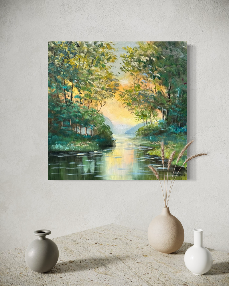 Een schilderij met een prachtig landschap