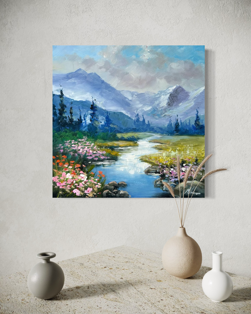 Een schilderij met een prachtig berglandschap