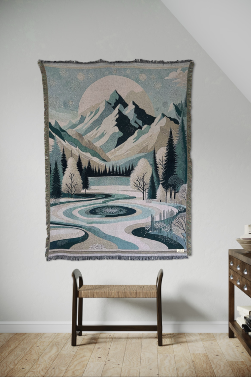 Een wandkleed met een winterlandschap