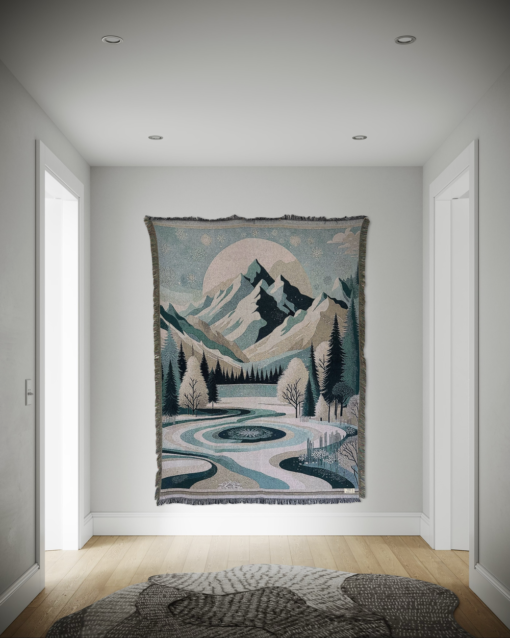 Een wandkleed met een winterlandschap