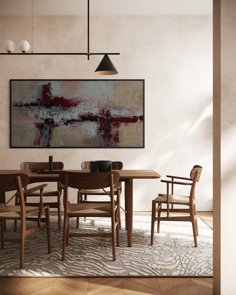Een groot abstract schilderij in elegante bordeauxtinten met diepte, structuur en een verfijnde uitstraling.