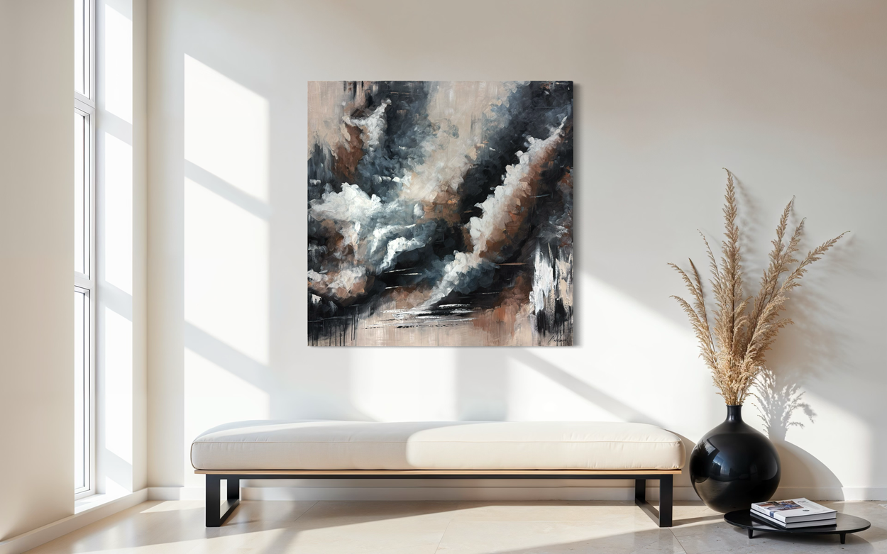 een abstract schilderij in aardse tinten