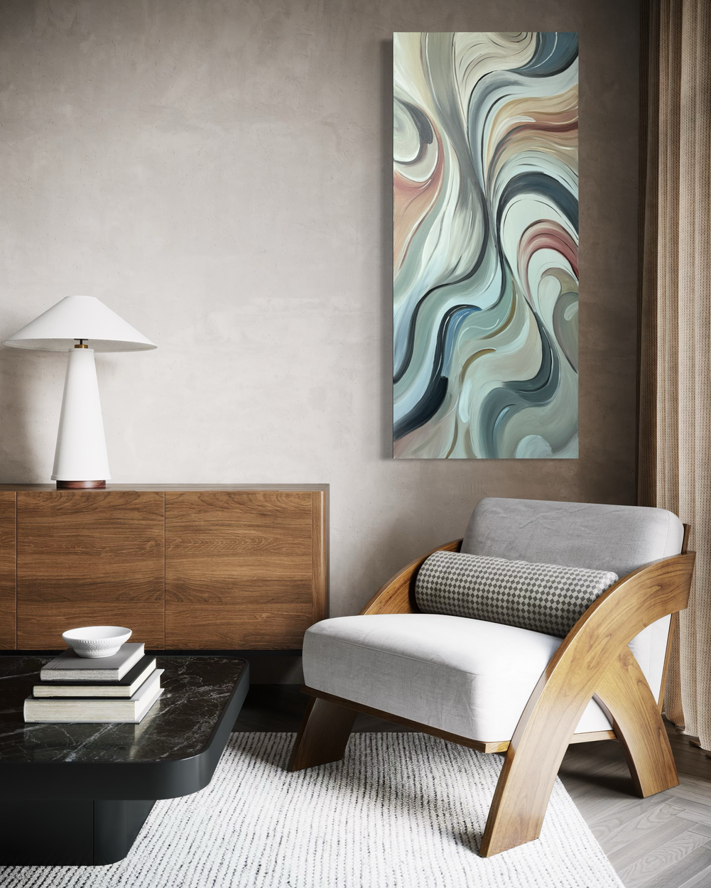 Een schilderij met een abstract motief