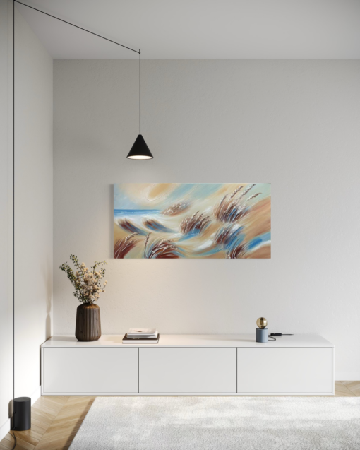 Een schilderij met een strand