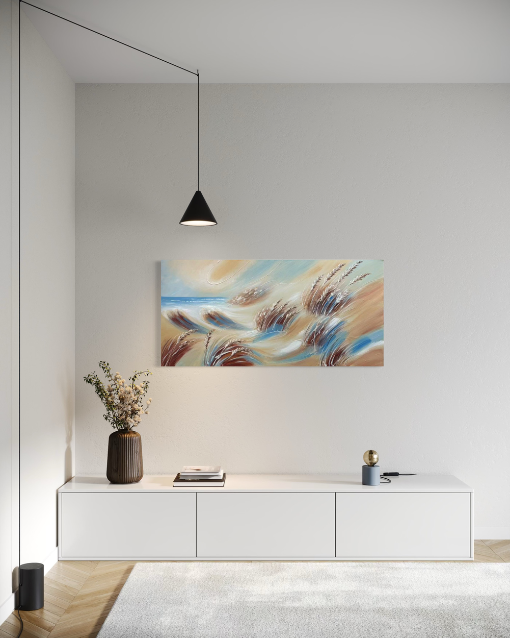 Een schilderij met een strand