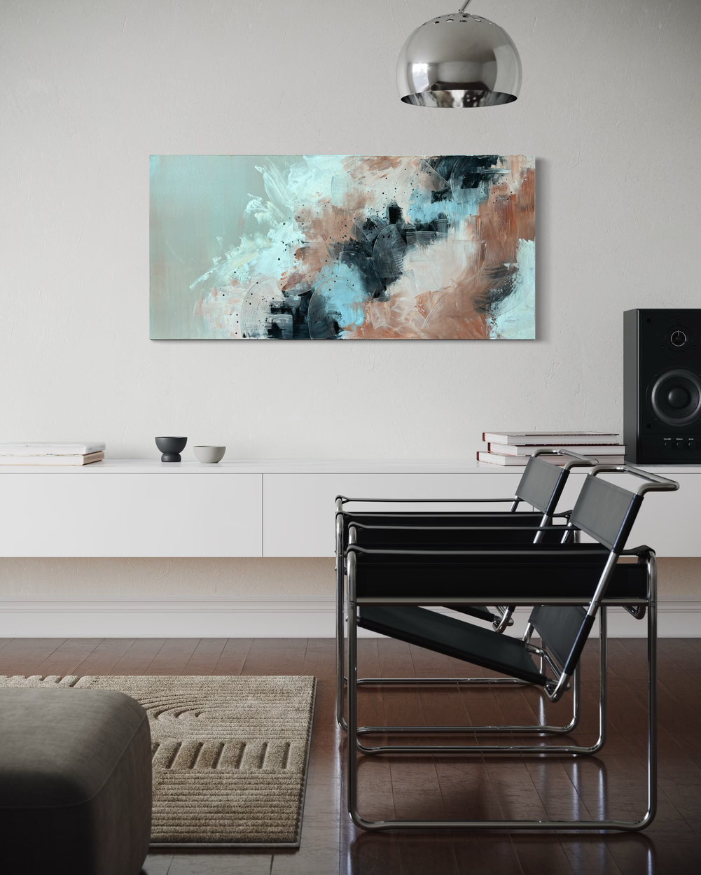 Een schilderij met een abstract motief