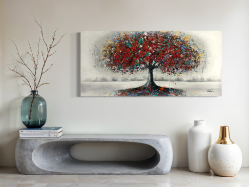 Een schilderij met een boom