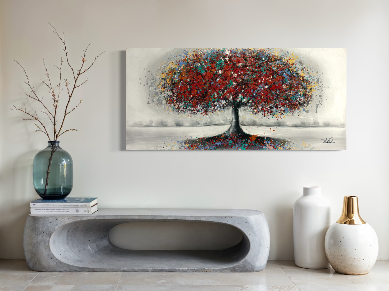 Een schilderij met een boom