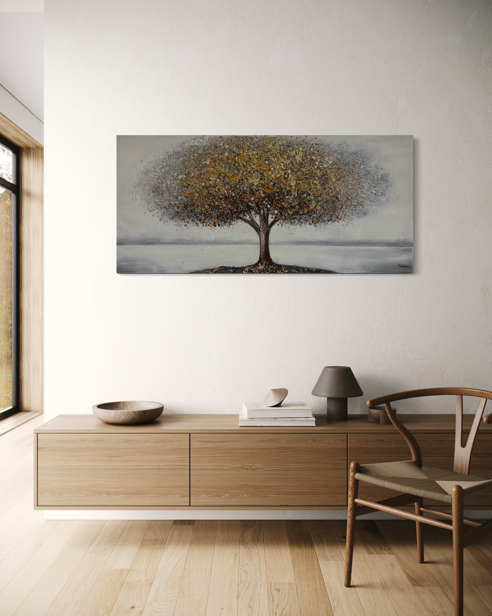 Een schilderij met een boom