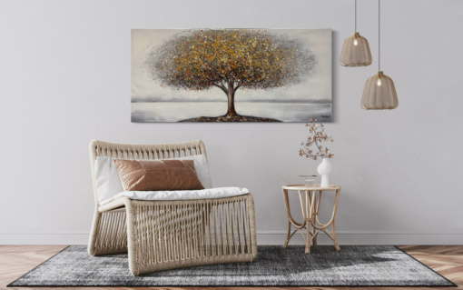 Een schilderij met een boom