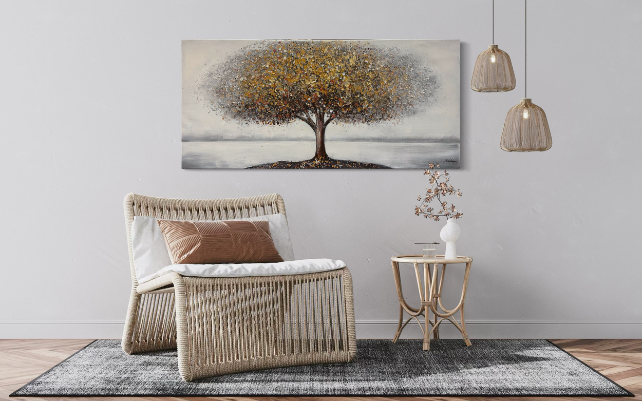 Een schilderij met een boom