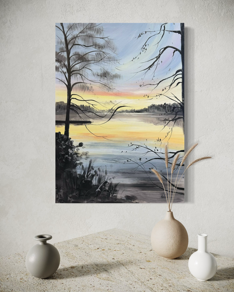 Een schilderij van een prachtig landschap bij zonsondergang.