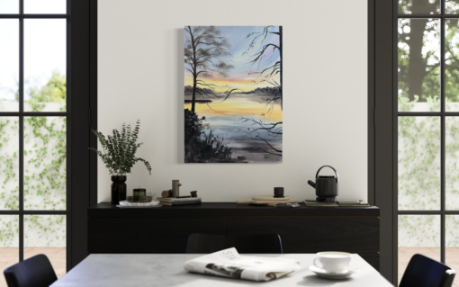 Een schilderij van een prachtig landschap bij zonsondergang.