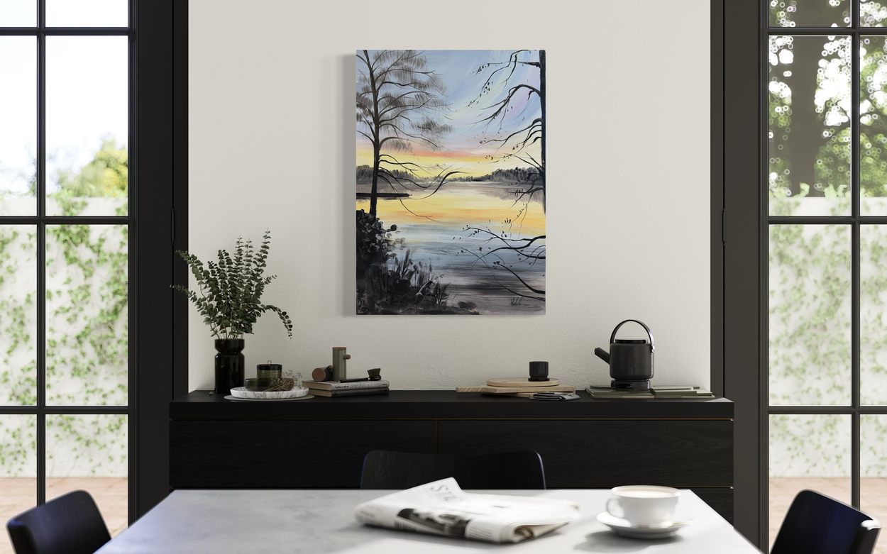 Een schilderij van een prachtig landschap bij zonsondergang.