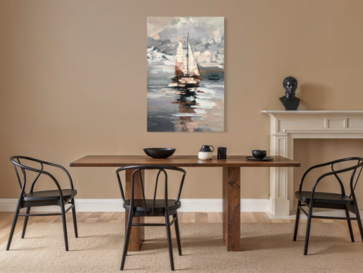 Een schilderij met een zeilboot