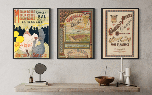 Belle Époque – Canvas Collection: drie historische affiches in zwarte floating frames uit het ontstaan van de affichekunst