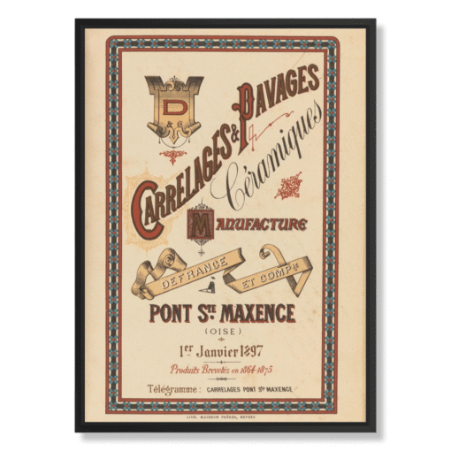 Defrance et Cie – Carrelages & Pavages Céramiques, 50×70 cm, canvas in zwarte floating frame (Belle Époque – industriële affichekunst)