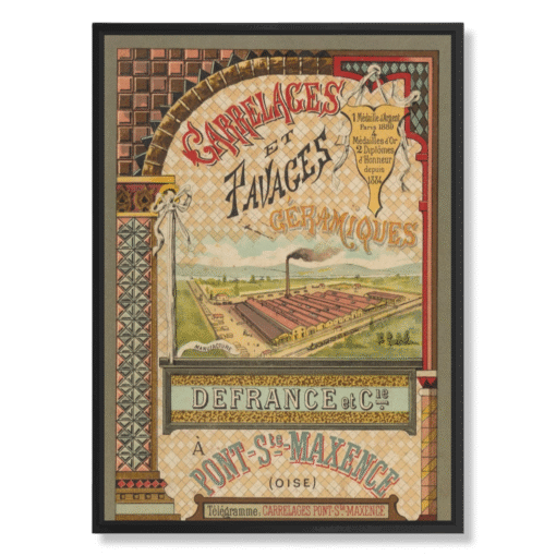 Defrance et Cie – Carrelages & Pavages Céramiques, 50×70 cm, canvas in zwarte floating frame (Belle Époque – industriële affichekunst)