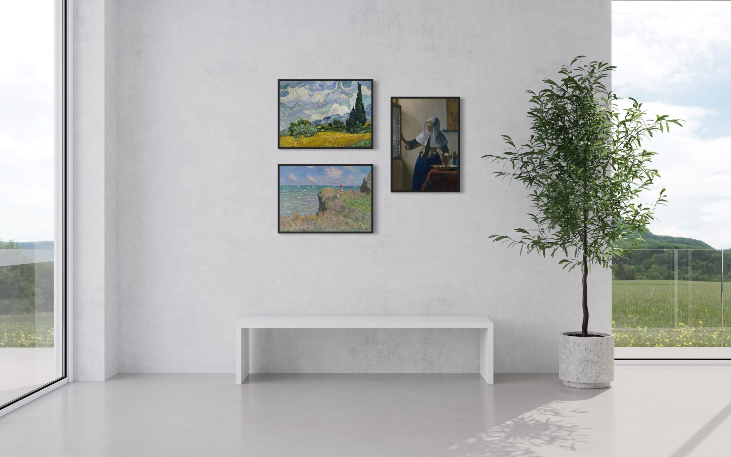Light & Movement – Canvas Collection: drie canvassen in zwarte zwevende lijsten in een passage