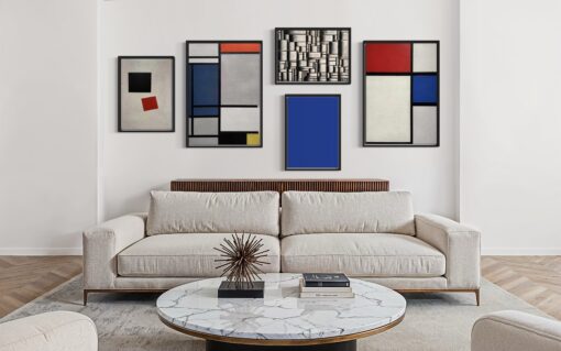 Modernist Graphique – Bauhaus Energy, wandcompositie met zwarte zwevende lijsten