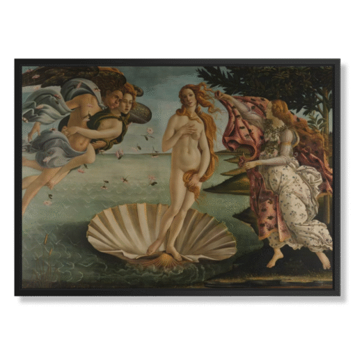 Sandro Botticelli – Nascita di Venere, 100×70 cm, canvas in zwarte floating frame (Tijdloze Meesterwerken – mythologische schoonheid)