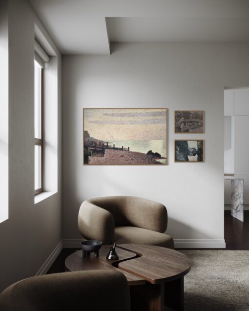 The Blue Horizon – driedelige ophanging met zwevende eiken lijsten in modern interieur