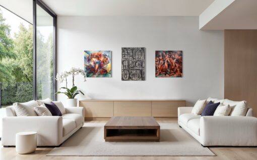 Urban Geometry – driedelige wandopstelling op spieraam in modern interieur