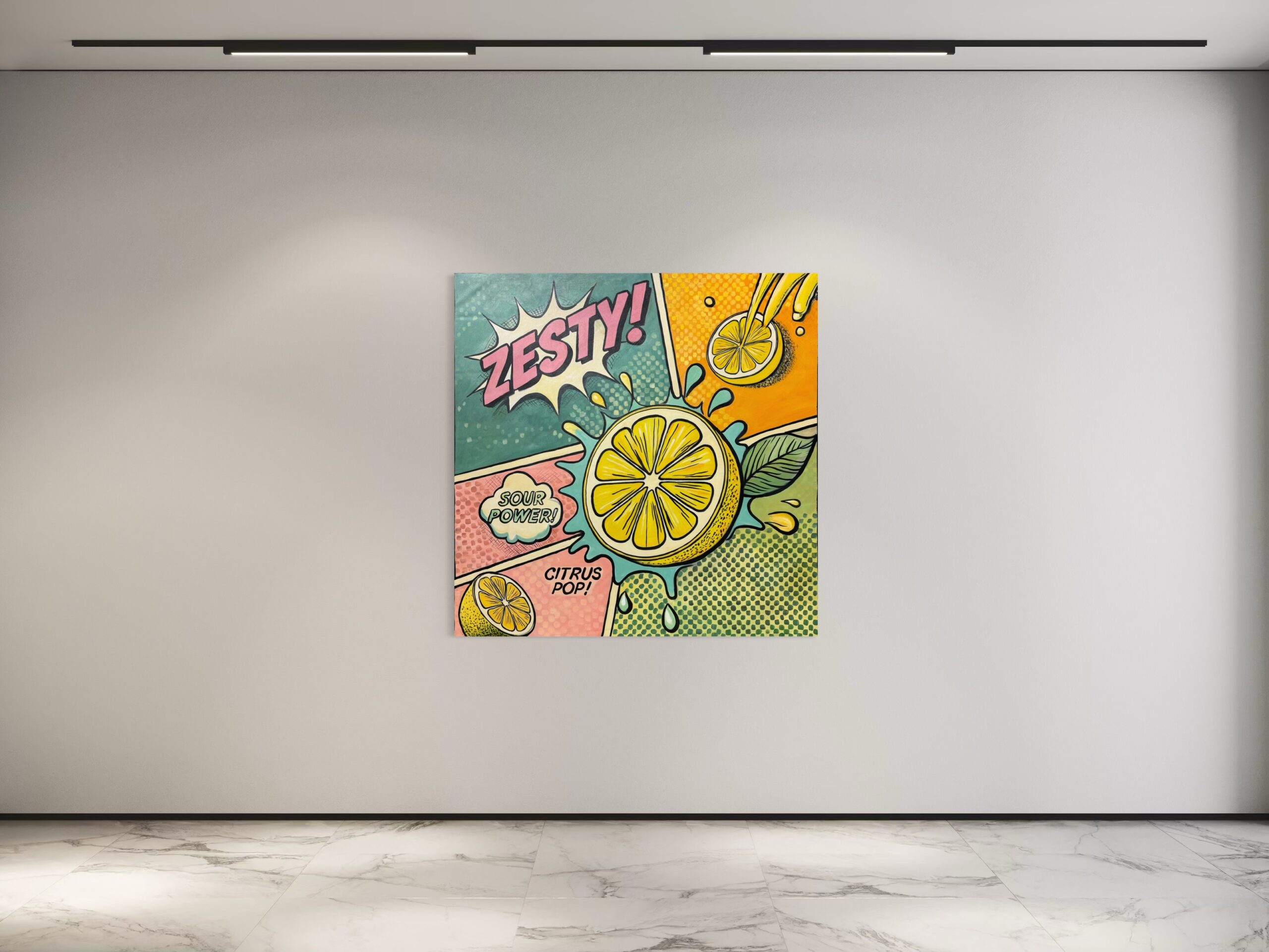 Zesty – popart van Il Scimmia. Acrylschilderij met citroenmotief dat het contrast tussen zuur en zoet verkent.