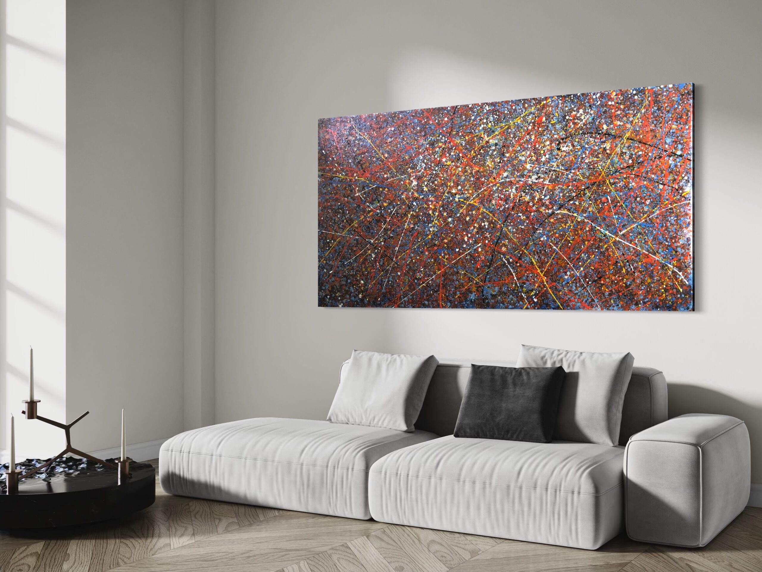 Handgeschilderd abstract kunstwerk in expressieve stijl – verfsplashes in rood, blauw, geel en wit in dynamische compositie geïnspireerd door action painting.
