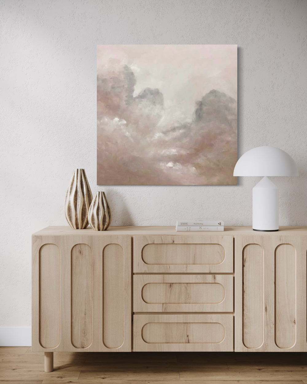 Handgeschilderd kunstwerk in zachte tinten van roze, beige en grijs – een poëtisch schilderij dat rust en evenwicht brengt.