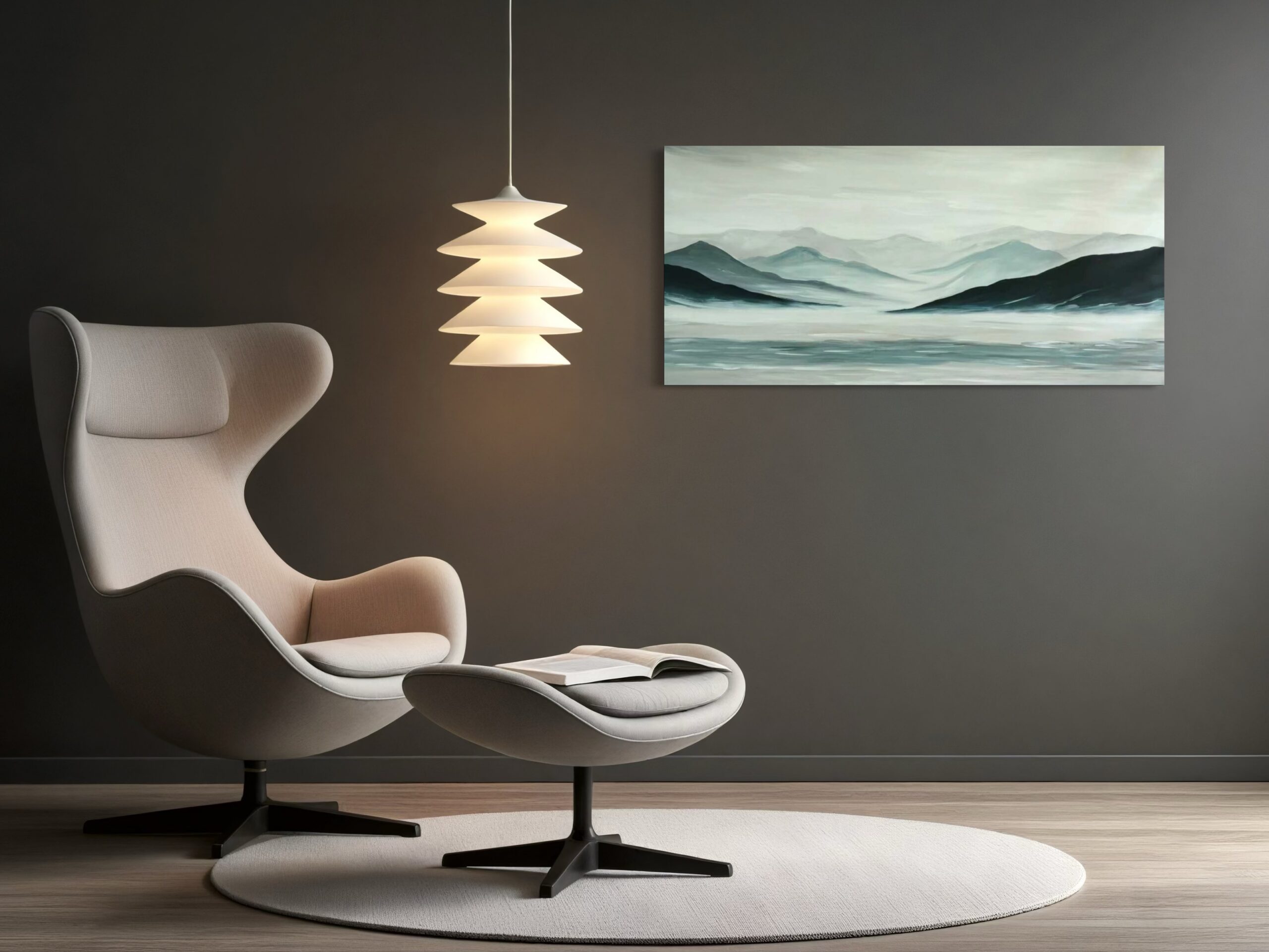 Een handgeschilderd kunstwerk van Michelanemo dat de Noordse natuur en rust vastlegt – zachte tinten blauw, grijs en wit in harmonische balans.