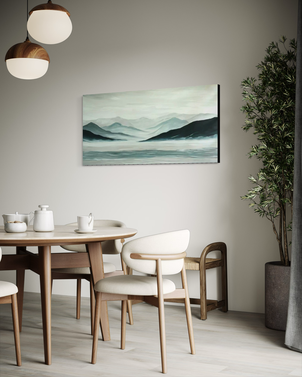 Een handgeschilderd kunstwerk van Michelanemo dat de Noordse natuur en rust vastlegt – zachte tinten blauw, grijs en wit in harmonische balans.