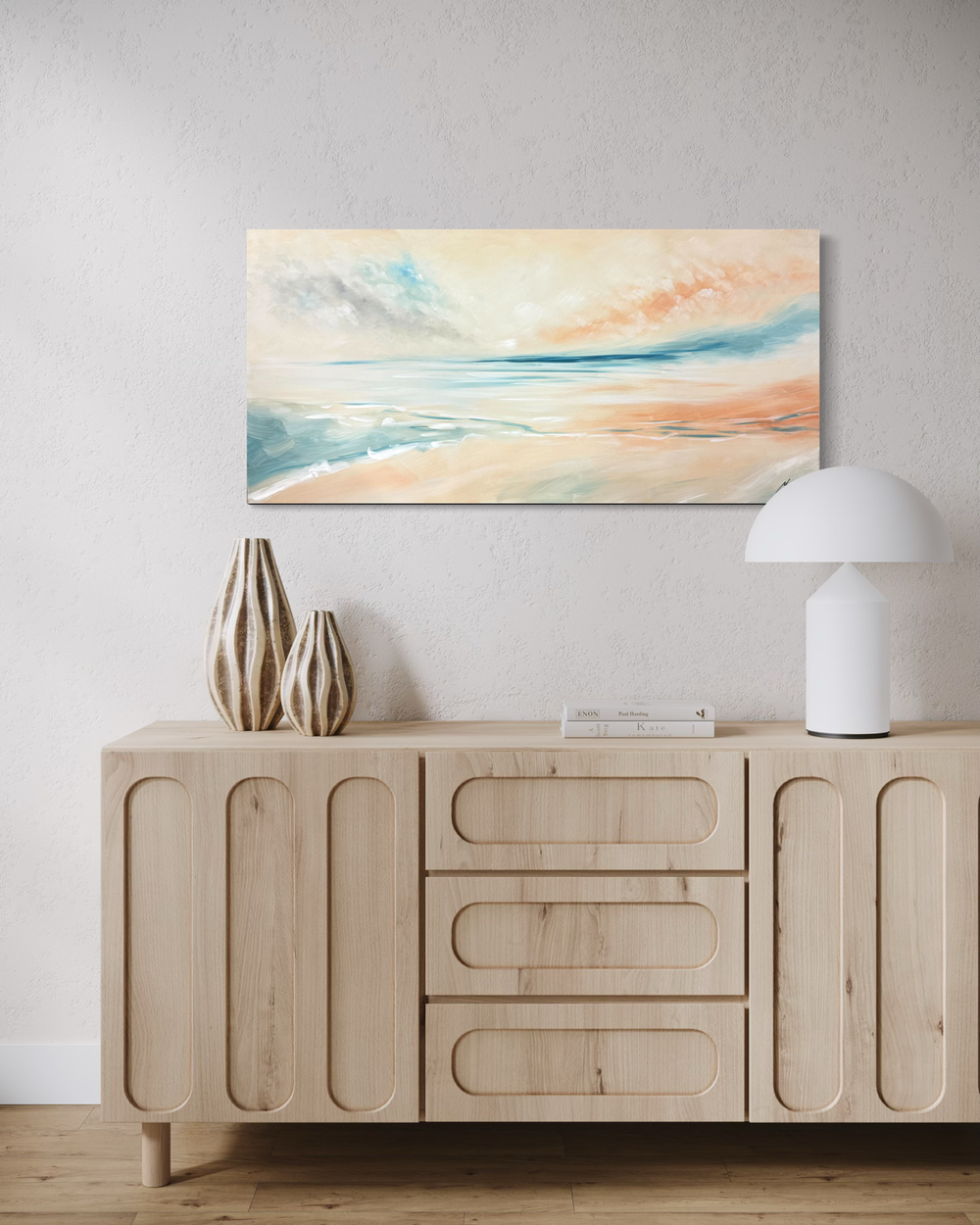 Handgeschilderd schilderij in zachte tinten van blauw, beige en grijs – een harmonieus kunstwerk dat rust en licht aan zee vastlegt.