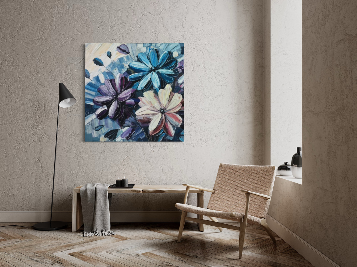 Dit schilderij is uitgevoerd in impastotechniek, waarbij krachtige penseelstreken en dikke lagen verf zorgen voor een levendige diepte en een duidelijke tactiele beleving.